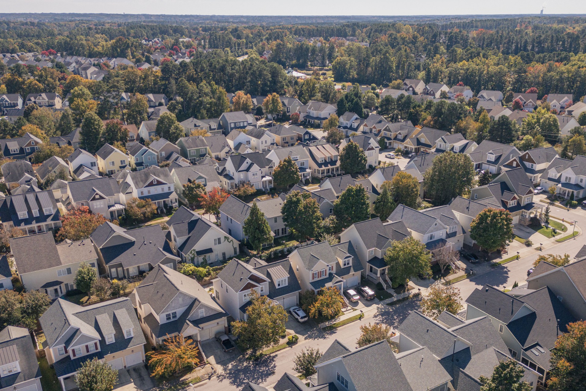 Large Houses - Neighborhood - High Angle Drone - Autumn Trees - North Carolina