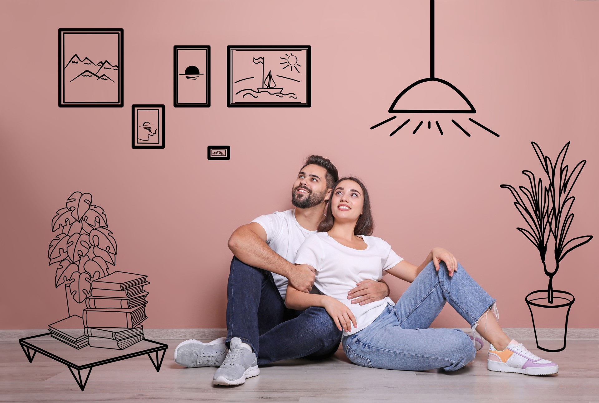 Happy couple dreaming about renovation on floor. Illustrated interior design